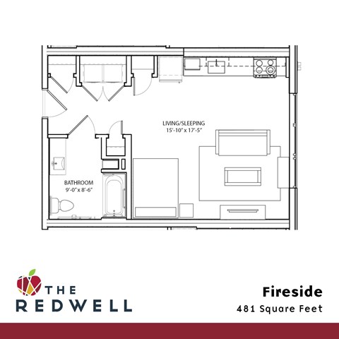 A floor plan for a 481 square feet apartment at The Redwell.